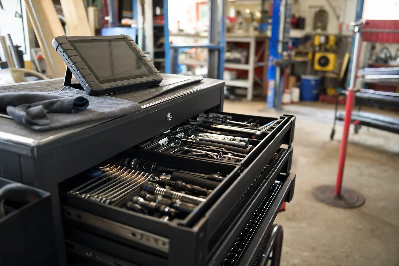 Open mechanic's tool chest drawer with sockets and spanners on a workshop bench