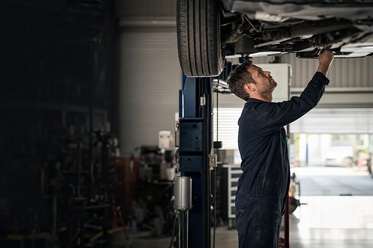 Mechanic working under the bonnet of a car in an Australian workshop