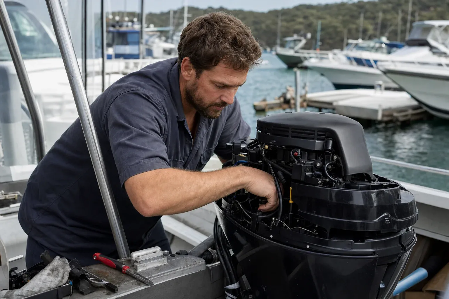Marine mechanic servicing a boat outboard engine at a marina workshop