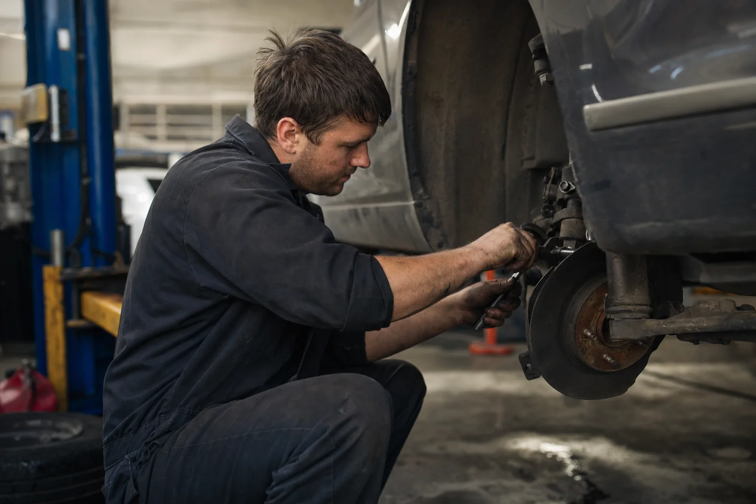 Motor mechanic servicing a car engine in a clean Australian workshop